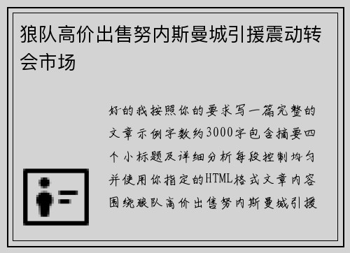 狼队高价出售努内斯曼城引援震动转会市场