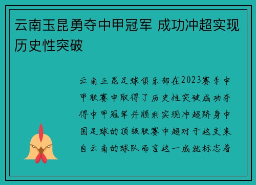云南玉昆勇夺中甲冠军 成功冲超实现历史性突破