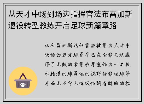 从天才中场到场边指挥官法布雷加斯退役转型教练开启足球新篇章路